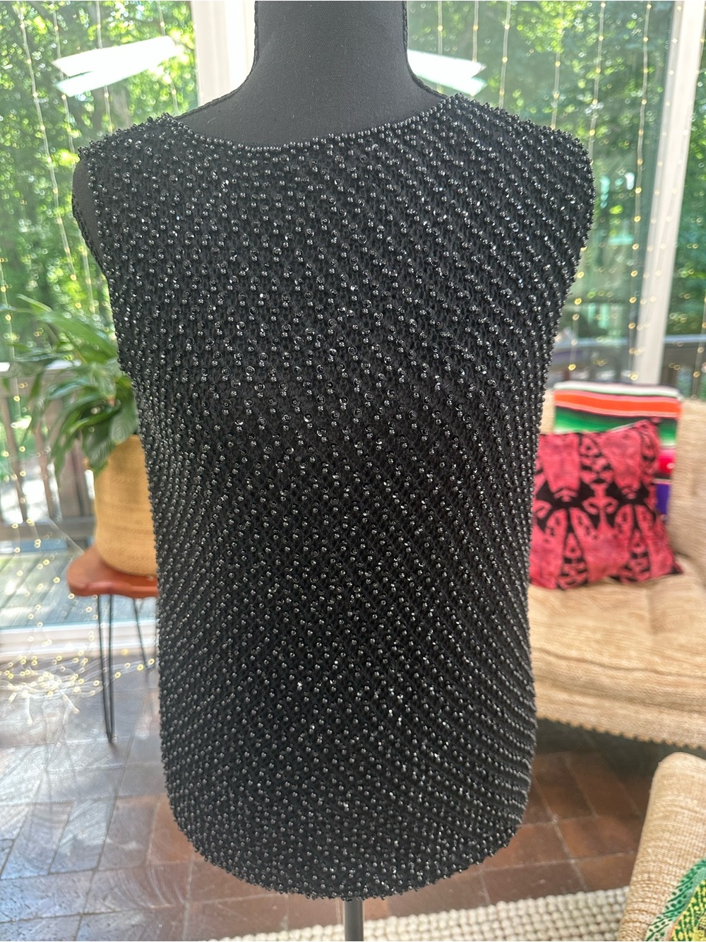 Black Beaded Sleeveless Women's Dress Top